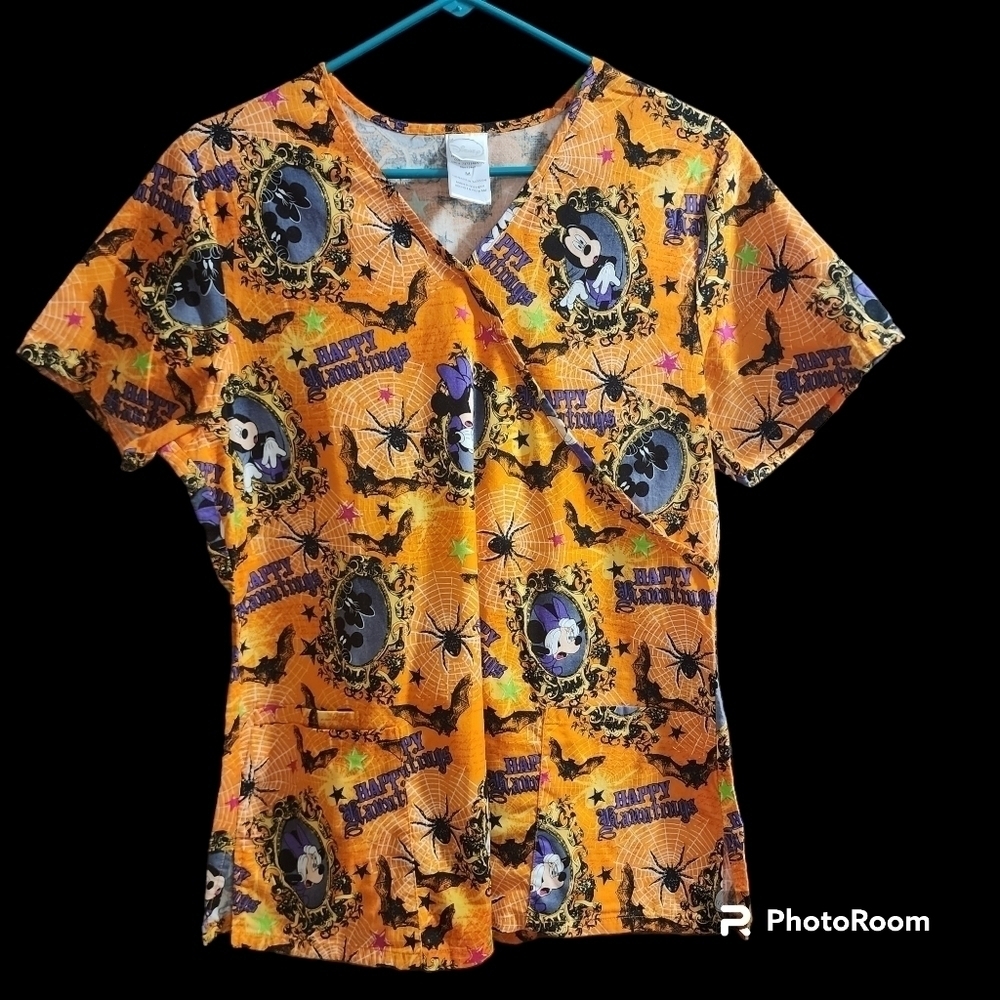Disney Minnie Mickey Mouse Happy Hauntings Halloween Scrub Top Womens Sz Med EUC